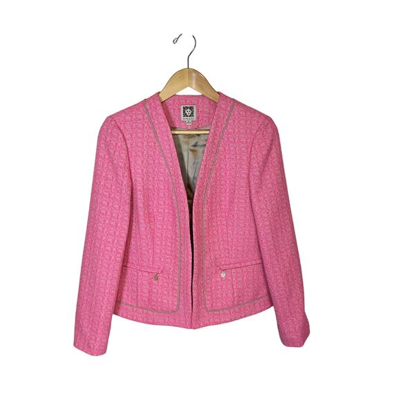 Anne Klein Tweed Pink Blazer Jacket Open Front Long Sleeve Petite Women's 10P - Picture 2 of 10